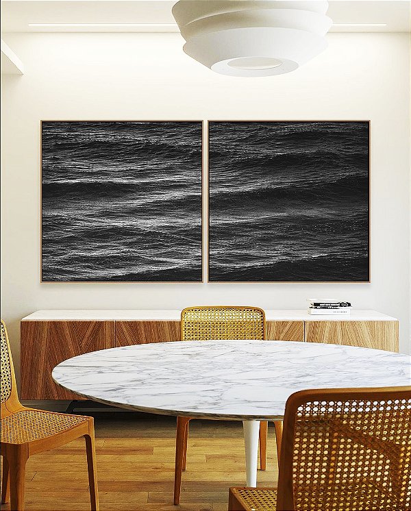 Duo de Quadros Quadrados Mar Alto Ondulado Preto e Branco Natureza Canvas Moldura