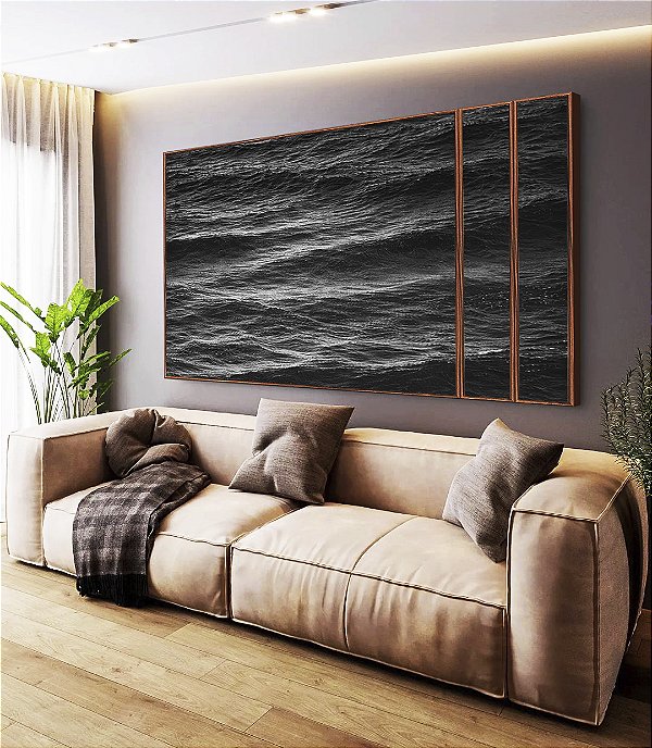 Trio de Quadros Estilizados Mar Alto Ondulado Preto e Branco Natureza Canvas Moldura