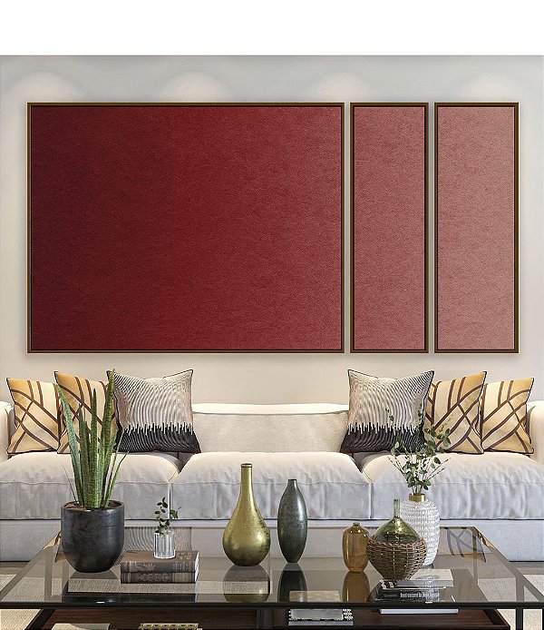 Trio de Quadros Estilizados Abstrato Degradê Vermelho Rosa Canvas Moldura