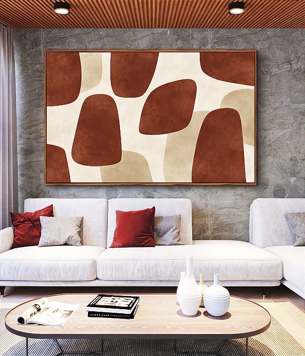 Quadro Horizontal Abstrato Minimalista Vermelho Marfim Canvas Moldura