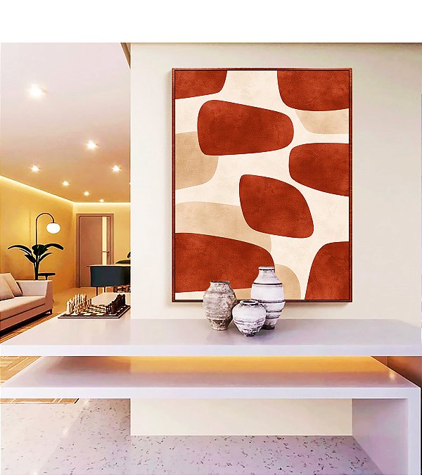 Quadro Vertical Abstrato Minimalista Vermelho Marfim Canvas Moldura