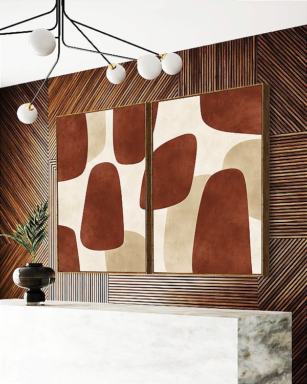 Duo de Quadros Abstrato Minimalista Vermelho Marfim Canvas Moldura