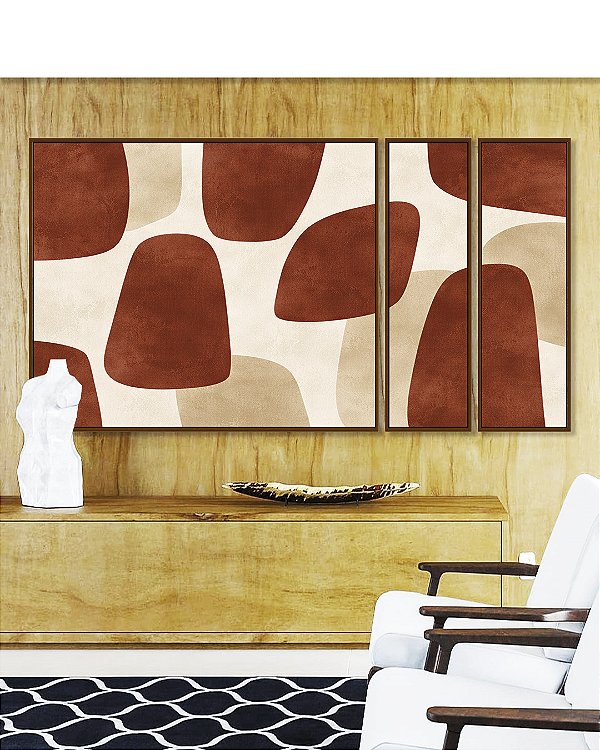Trio de Quadros Estilizados Abstrato Minimalista Vermelho Marfim Canvas Moldura