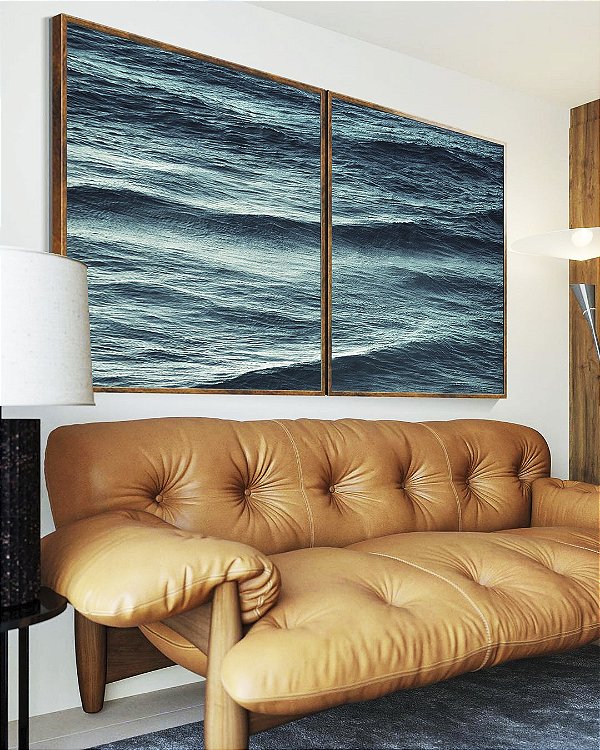 Duo de Quadros Alto Mar Azul Turquesa Ondulado Natureza Canvas Moldura