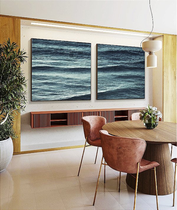 Duo de Quadros Quadrados Alto Mar Azul Turquesa Ondulado Natureza Canvas Moldura