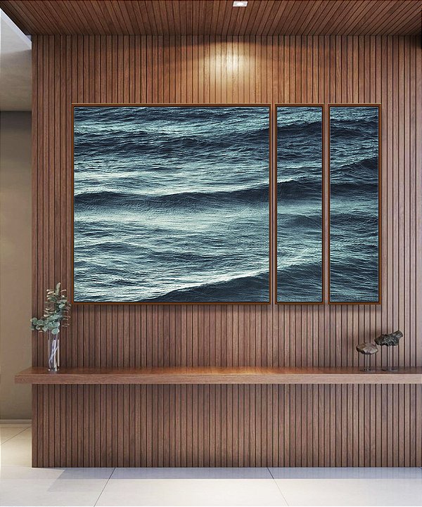 Trio de Quadros Estilizados Alto Mar Azul Turquesa Ondulado Natureza Canvas Moldura