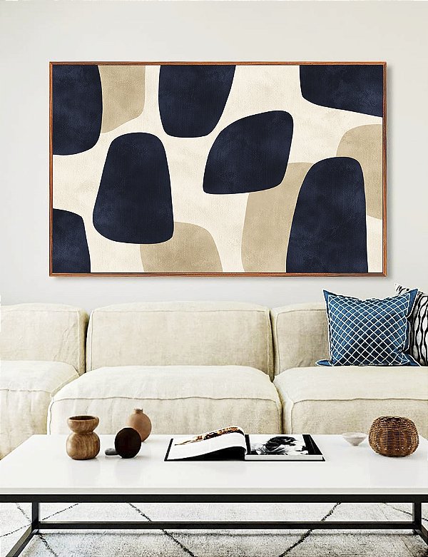 Quadro Horizontal Abstrato Minimalista Azul Marfim Canvas Moldura