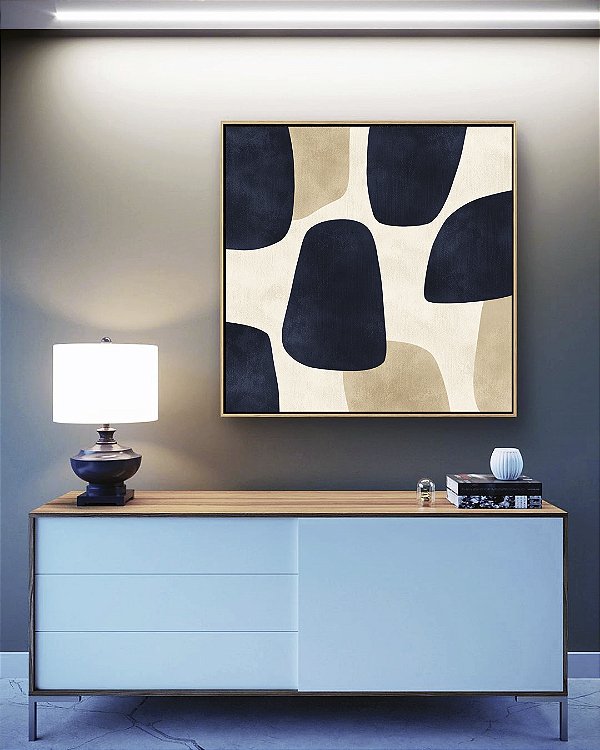 Quadro Quadrado Abstrato Minimalista Azul Marfim Canvas Moldura