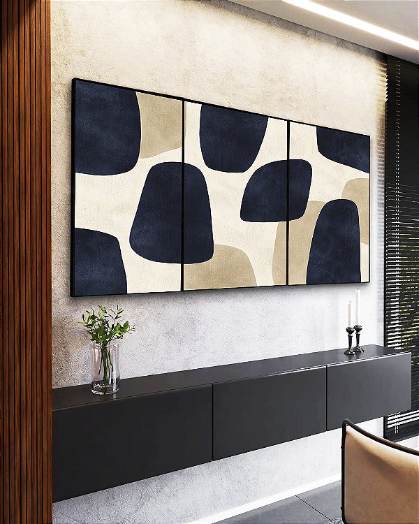 Trio de Quadros Abstrato Minimalista Azul Marfim Canvas Moldura