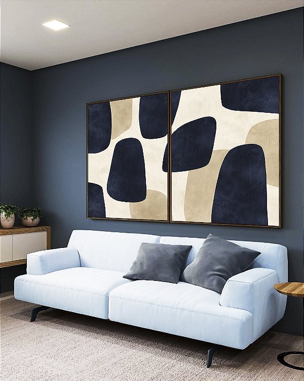 Duo de Quadros Abstrato Minimalista Azul Marfim Canvas Moldura