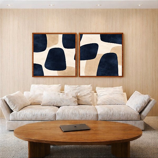 Duo de Quadros Quadrados Abstrato Minimalista Azul Marfim Canvas Moldura