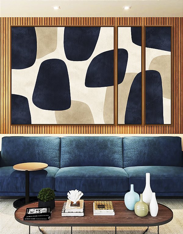 Trio de Quadros Estilizados Abstrato Minimalista Azul Marfim Canvas Moldura