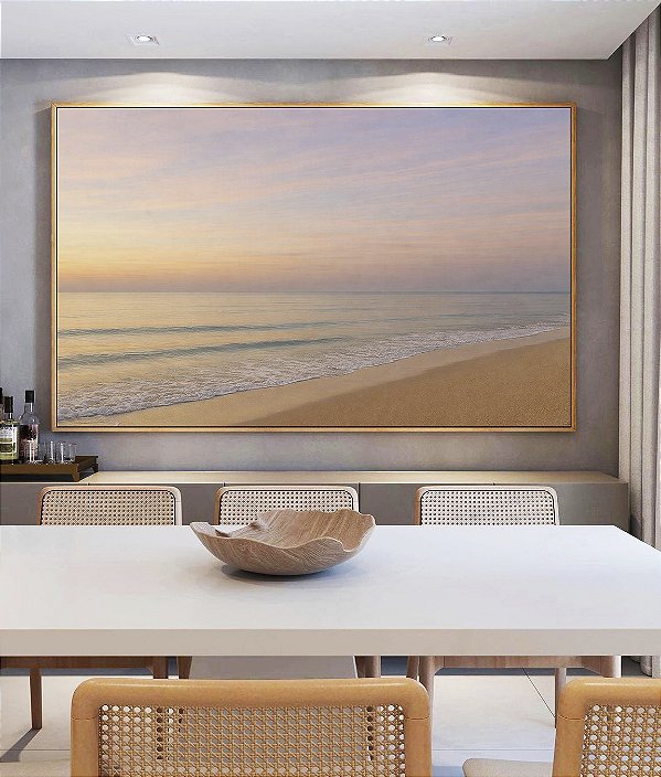 Quadro Horizontal Nascer do Sol Lilás Praia Serena Mar Azul Prateado Canvas Moldura