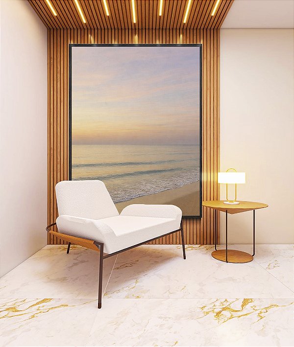 Quadro Vertical Nascer do Sol Lilás Praia Serena Mar Azul Prateado Canvas Moldura