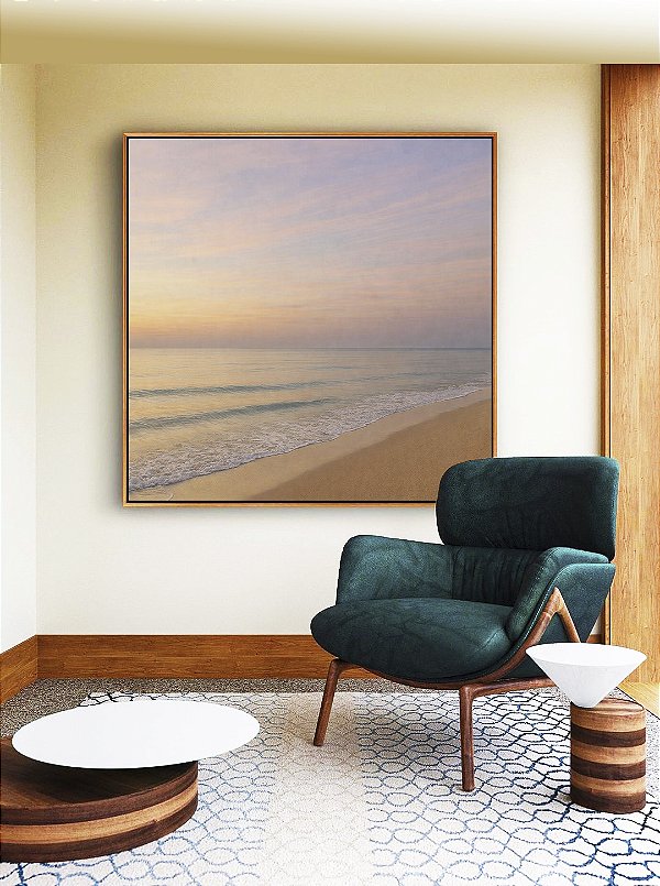 Quadro Quadrado Nascer do Sol Lilás Praia Serena Mar Azul Prateado Canvas Moldura