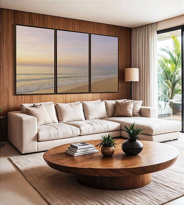Trio de Quadros Nascer do Sol Lilás Praia Serena Mar Azul Prateado Canvas Moldura