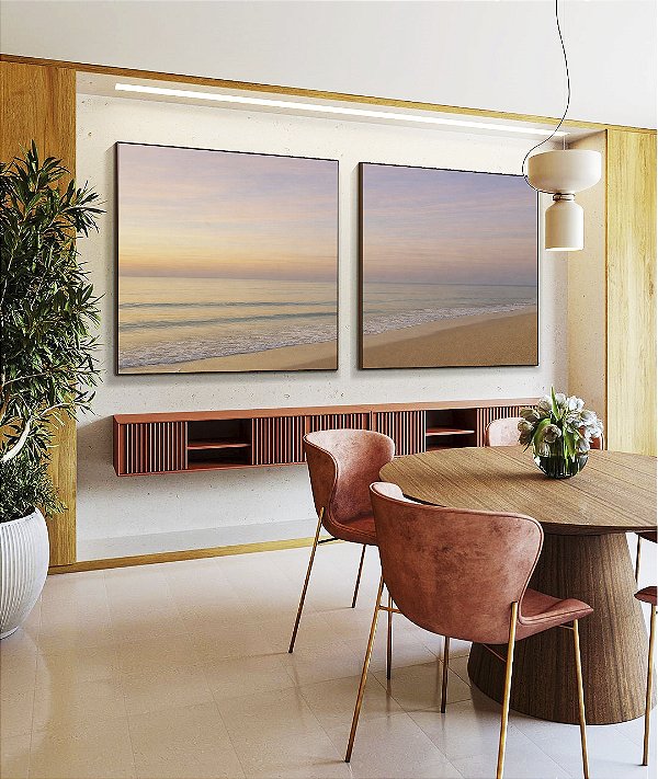 Duo de Quadros Quadrados Nascer do Sol Lilás Praia Serena Mar Azul Prateado Canvas Moldura