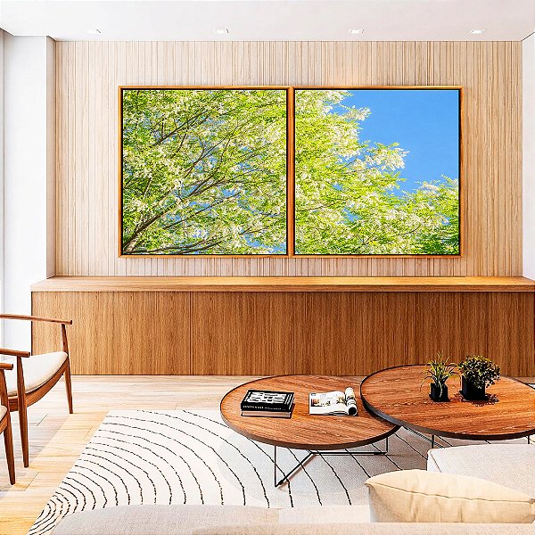 Duo de Quadros Quadrados Árvore Acácia-branca Céu Azul Natureza Canvas Moldura
