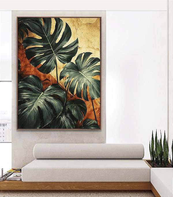 Quadro Vertical Plantas Costela de Adão Plantas Folhas Abstrato Laranja Canvas Moldura
