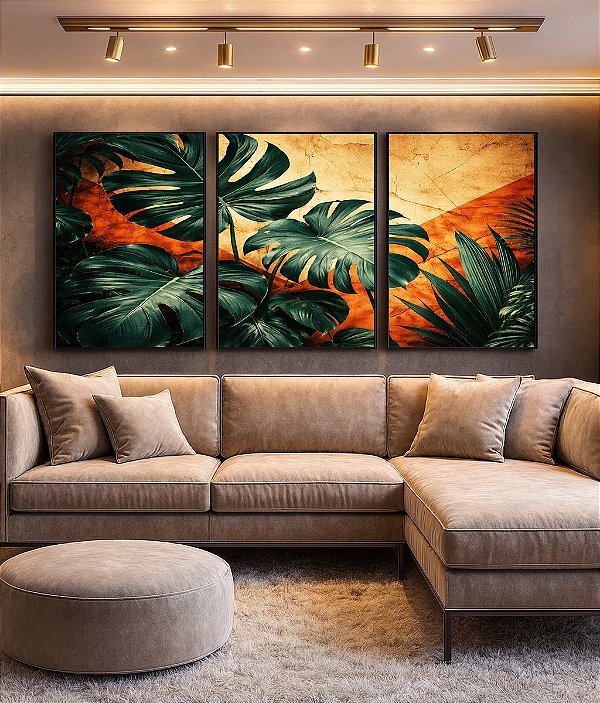 Trio de Quadros Plantas Costela de Adão Plantas Folhas Abstrato Laranja Canvas Moldura