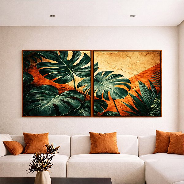 Duo de Quadros Quadrados Plantas Costela de Adão Plantas Folhas Abstrato Laranja Canvas Moldura