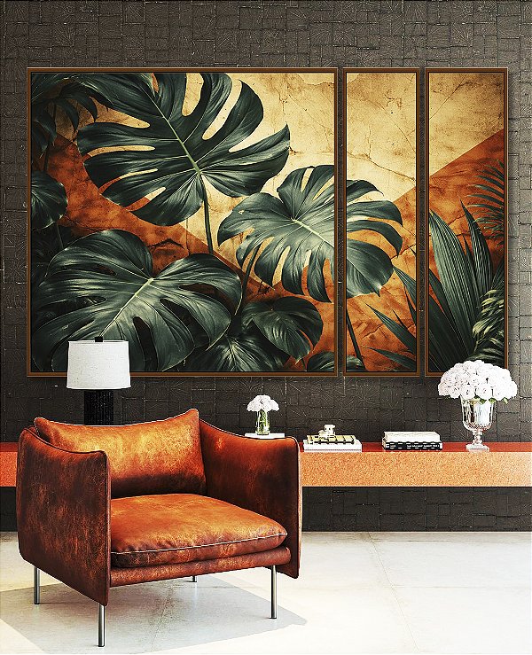 Trio de Quadros Estilizados Plantas Costela de Adão Folhas Abstrato Laranja Canvas Moldura