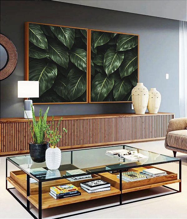 Duo de Quadros Folhas Verdes Plantas Natureza Paisagem Canvas Moldura