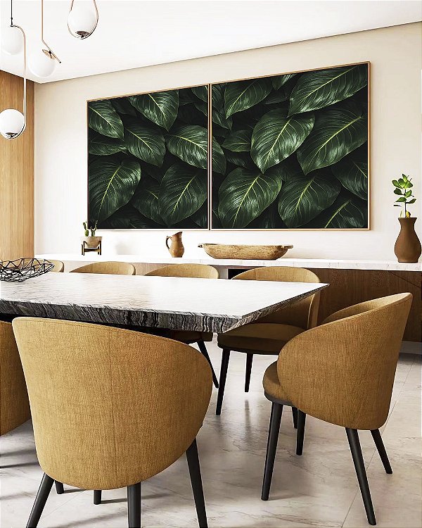 Duo de Quadros Quadrados Folhas Verdes Plantas Natureza Paisagem Canvas Moldura