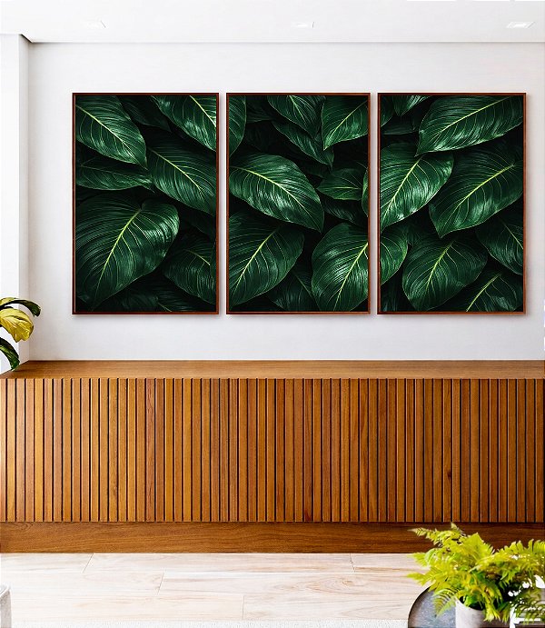 Trio de Quadros Estilizados Folhas Verdes Plantas Natureza Paisagem Canvas Moldura
