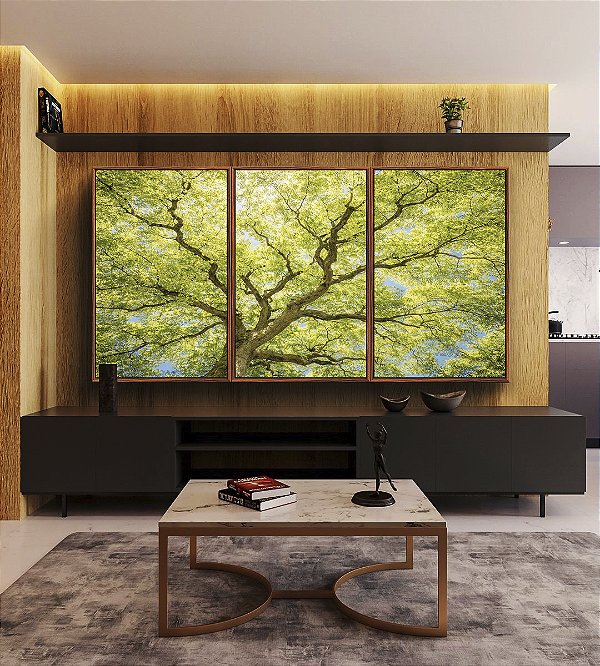 Trio de Quadros Paisagem Copa de Árvore Folhas Verde Claro Natureza Canvas Moldura