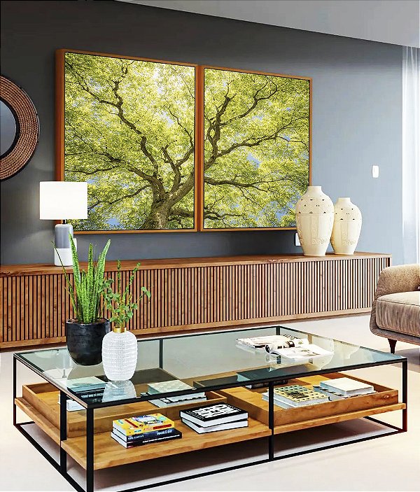 Duo de Quadros Paisagem Copa de Árvore Folhas Verde Claro Natureza Canvas Moldura
