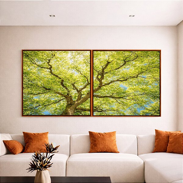 Duo de Quadros Quadrados Paisagem Copa de Árvore Folhas Verde Claro Natureza Canvas Moldura