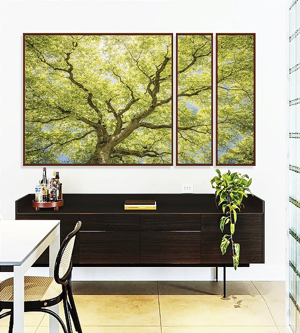 Trio de Quadros Estilizados Paisagem Copa de Árvore Folhas Verde Claro Natureza Canvas Moldura