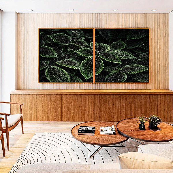 Duo de Quadros Quadrados Pilea Planta da Amizade Folhas Verdes Natureza Canvas Moldura