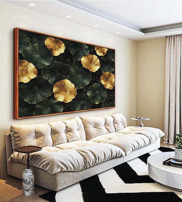 Quadro Horizontal Lírios-D’Água Folhas Verdes Douradas Natureza Canvas Moldura
