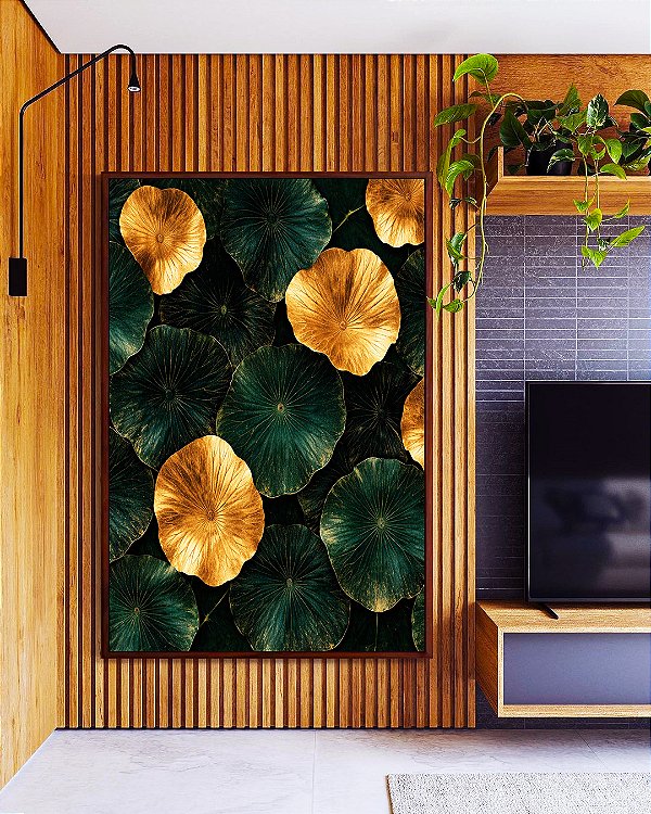 Quadro Vertical Lírios-D’Água Folhas Verdes Douradas Natureza Canvas Moldura