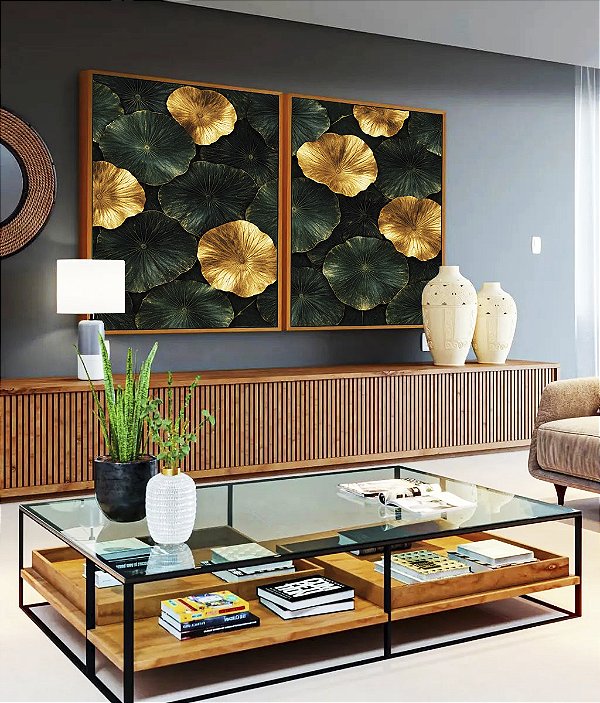 Duo de Quadros Lírios-D’Água Folhas Verdes Douradas Natureza Canvas Moldura