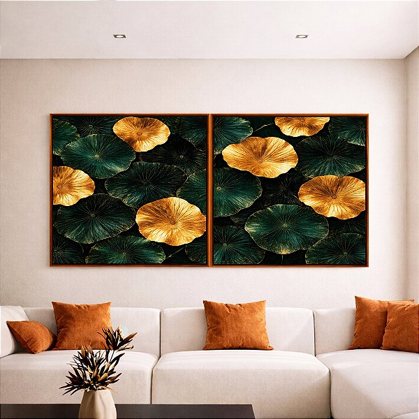 Duo de Quadros Quadrados Lírios-D’Água Folhas Verdes Douradas Natureza Canvas Moldura