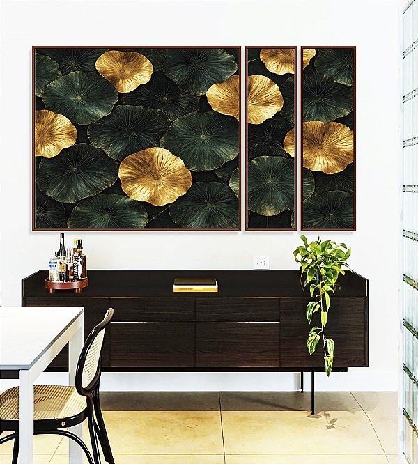 Trio de Quadros Estilizados Lírios-D’Água Folhas Verdes Douradas Natureza Canvas Moldura