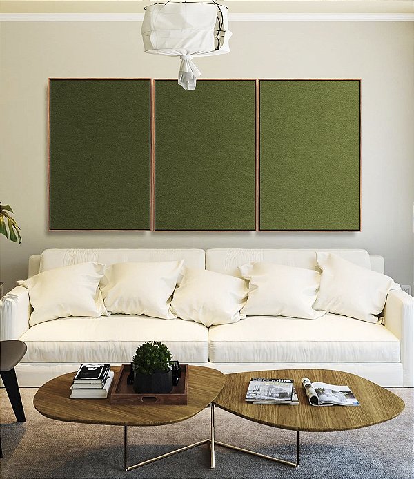 Trio de Quadros Abstrato Degradê Verde Oliva Canvas Moldura