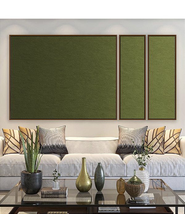 Trio de Quadros Estilizados Abstrato Degradê Verde Oliva Canvas Moldura