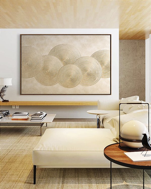 Quadro Horizontal Abstrato Circulos Marfim Textura Canvas Moldura