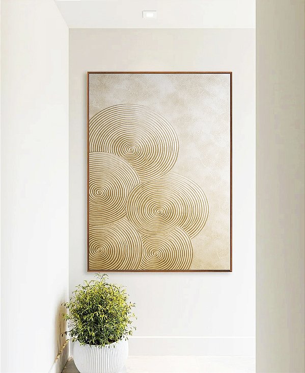 Quadro Vertical Abstrato Circulos Marfim Textura Canvas Moldura