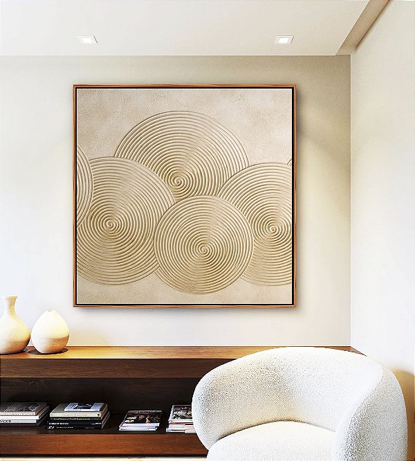 Quadro Quadrado Abstrato Circulos Marfim Textura Canvas Moldura