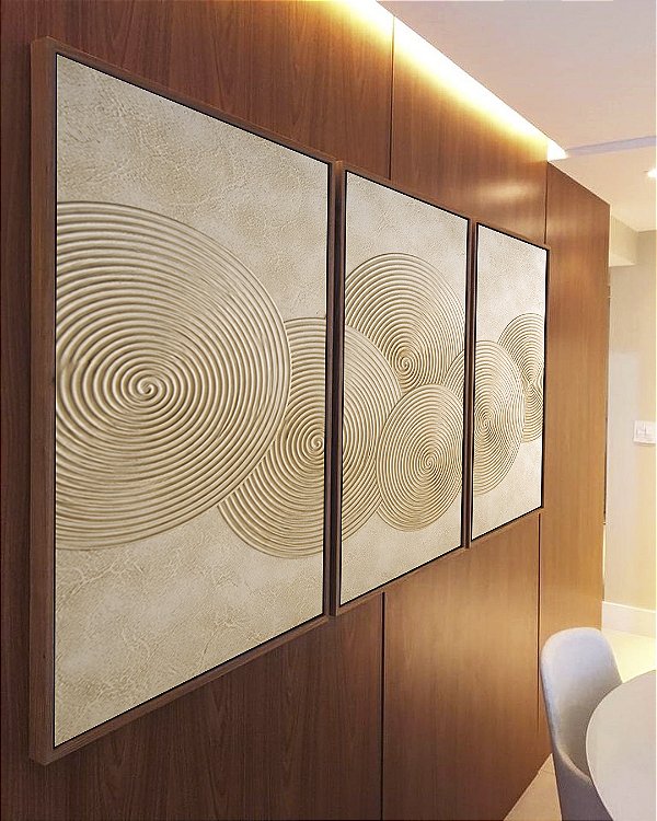 Trio de Quadros Abstrato Circulos Marfim Textura Canvas Moldura