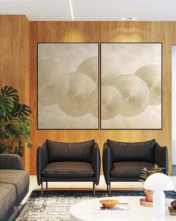 Duo de Quadros Abstrato Circulos Marfim Textura Canvas Moldura