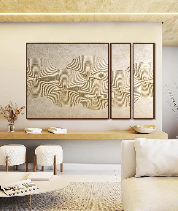 Trio de Quadros Estilizados Abstrato Circulos Marfim Textura Canvas Moldura