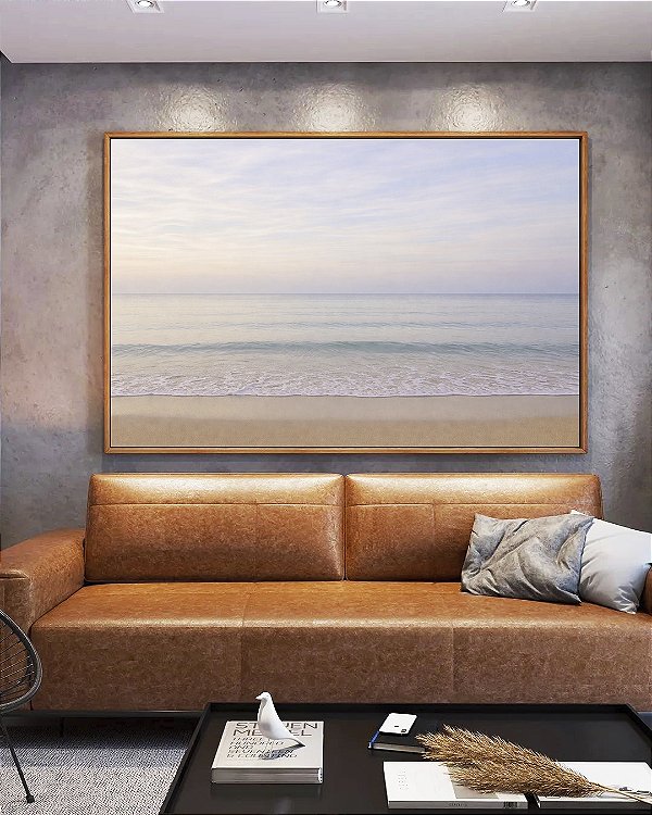 Quadro Horizontal Praia Azul Prateado Céu Claro Lilás Natureza Canvas Moldura