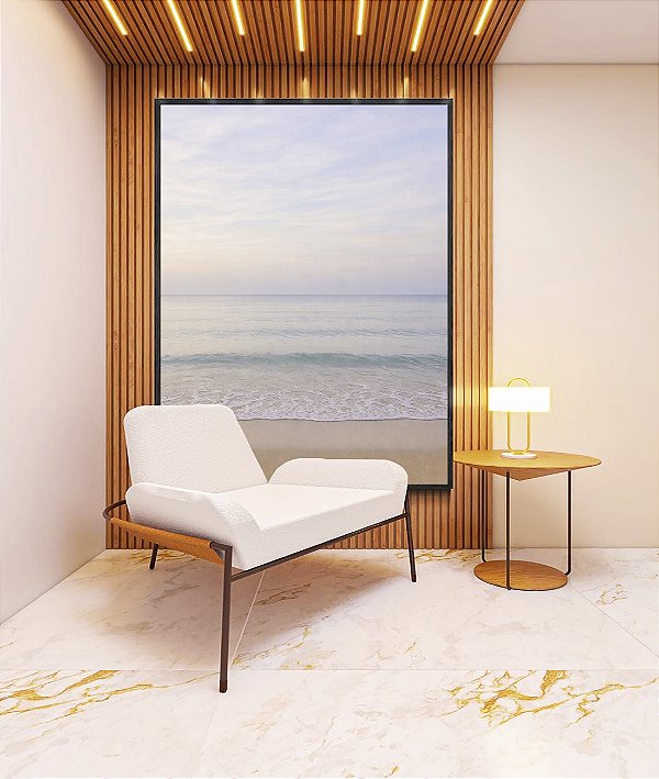 Quadro Vertical Praia Azul Prateado Céu Claro Lilás Natureza Canvas Moldura