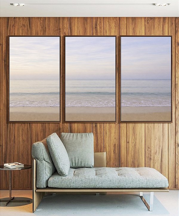 Trio de Quadros Praia Azul Prateado Céu Claro Lilás Natureza Canvas Moldura